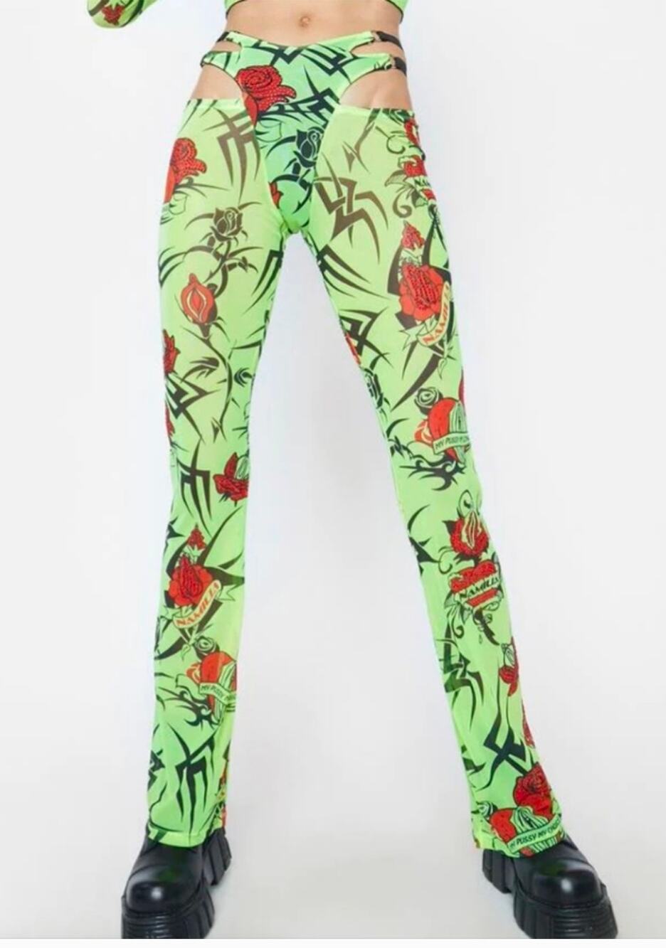Namilia Neon Green Rose Mesh Pants Medium